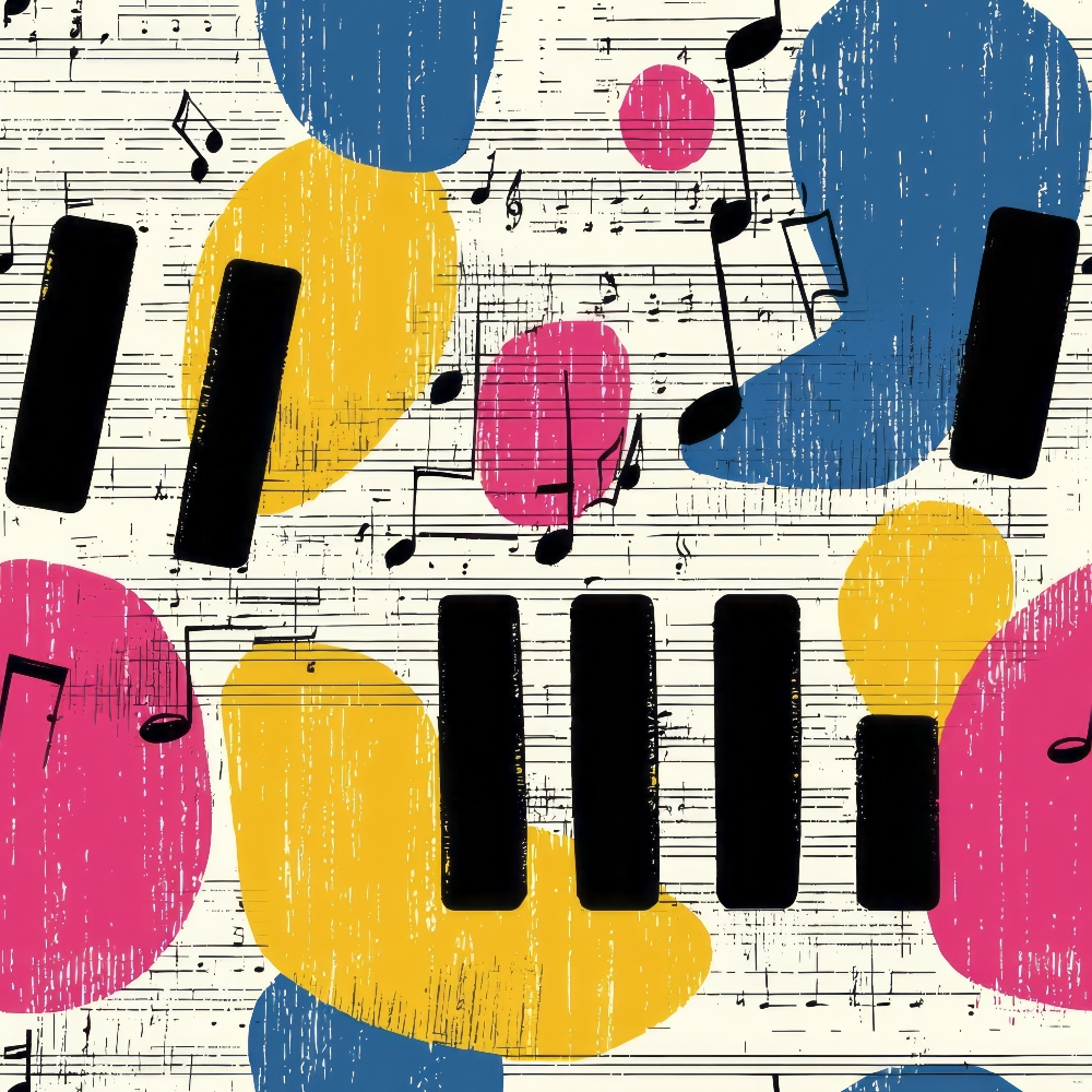 Abstract design with black piano keys, colorful blobs in pink, yellow, and blue, and musical notes on a white background.