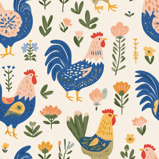 Modern Folk Rooster Pattern 1 Quilting Cotton Fabric