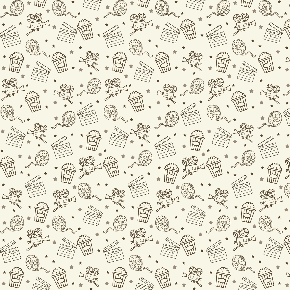 Pattern featuring film reels, popcorn, clapperboards, and stars on a beige background.