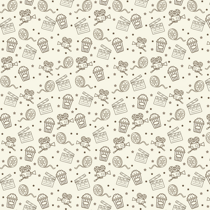 Pattern featuring film reels, popcorn, clapperboards, and stars on a beige background.