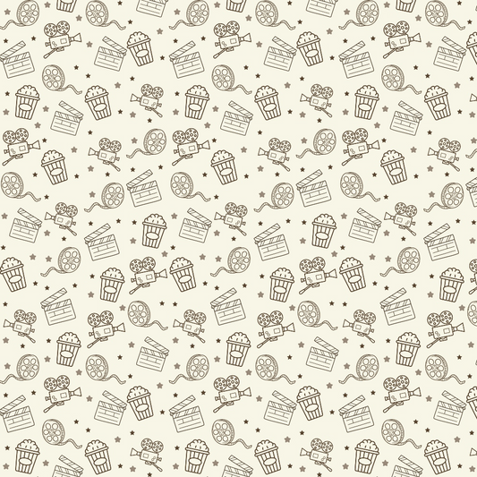 Pattern featuring film reels, popcorn, clapperboards, and stars on a beige background.