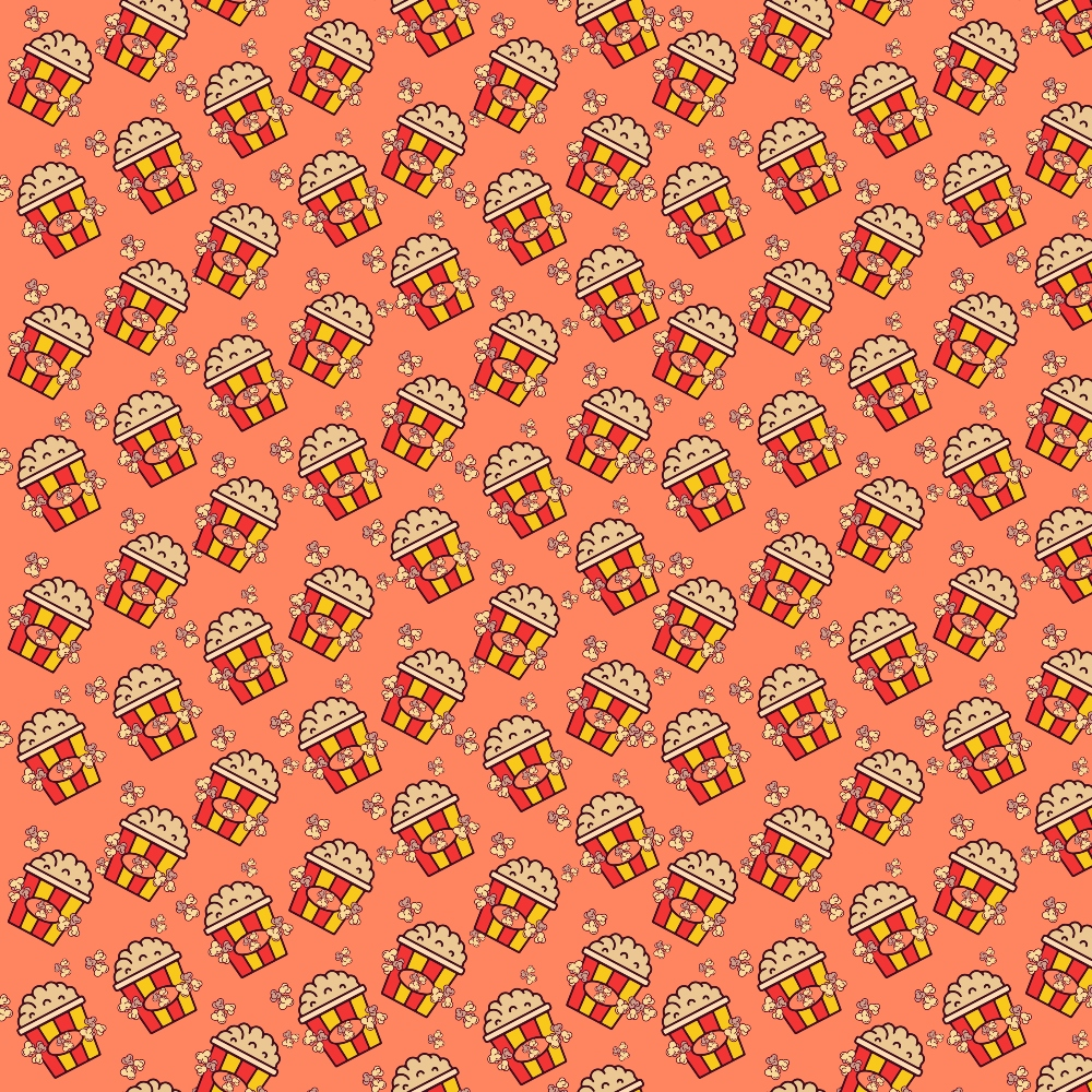 Seamless pattern of cartoon popcorn buckets and small popcorn kernels on a red background.