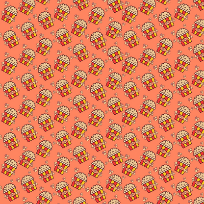 Seamless pattern of cartoon popcorn buckets and small popcorn kernels on a red background.