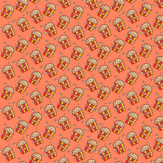 Seamless pattern of cartoon popcorn buckets and small popcorn kernels on a red background.