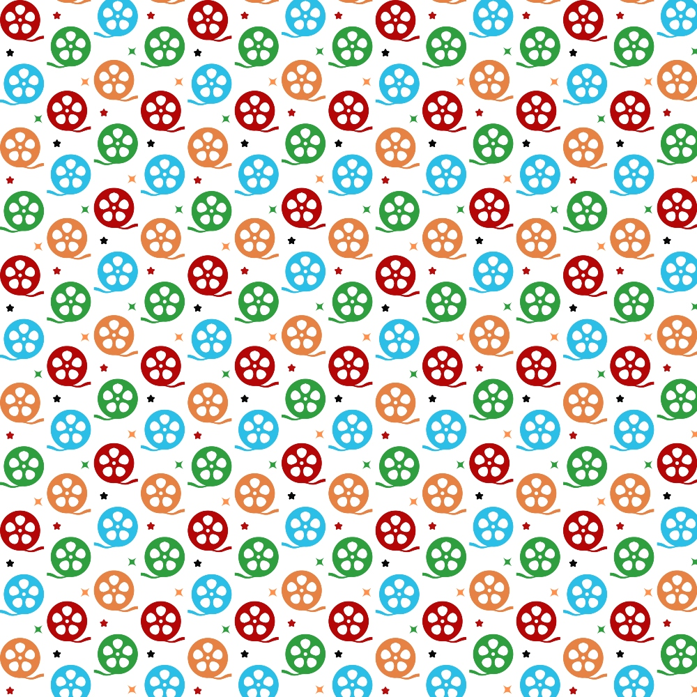 Pattern of colorful, repeated film reels in red, blue, orange, and green on a white background, with small black and red stars scattered throughout.