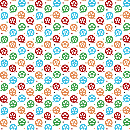 Pattern of colorful, repeated film reels in red, blue, orange, and green on a white background, with small black and red stars scattered throughout.