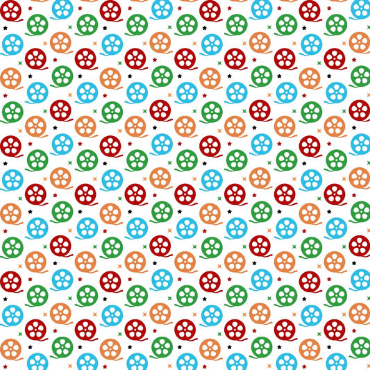 Pattern of colorful, repeated film reels in red, blue, orange, and green on a white background, with small black and red stars scattered throughout.