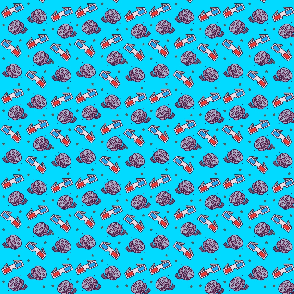 Pattern of illustrated pizza slices and sunglasses on a blue background.