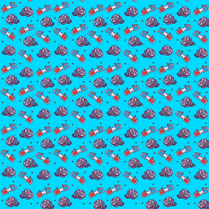 Pattern of illustrated pizza slices and sunglasses on a blue background.