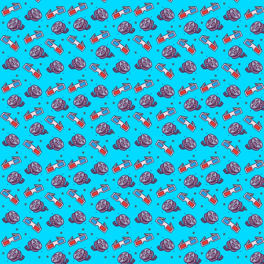 Pattern of illustrated pizza slices and sunglasses on a blue background.