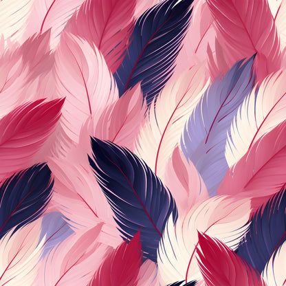 A pattern of overlapping feathers in shades of pink, red, purple, and white, creating a textured, colorful design.