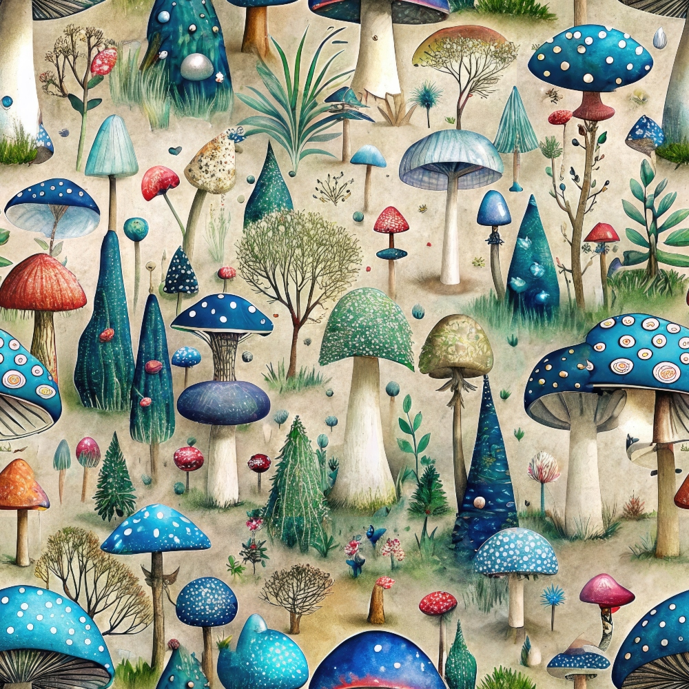 A whimsical illustration of various colorful mushrooms and plants, featuring a variety of shapes and sizes on a neutral background.