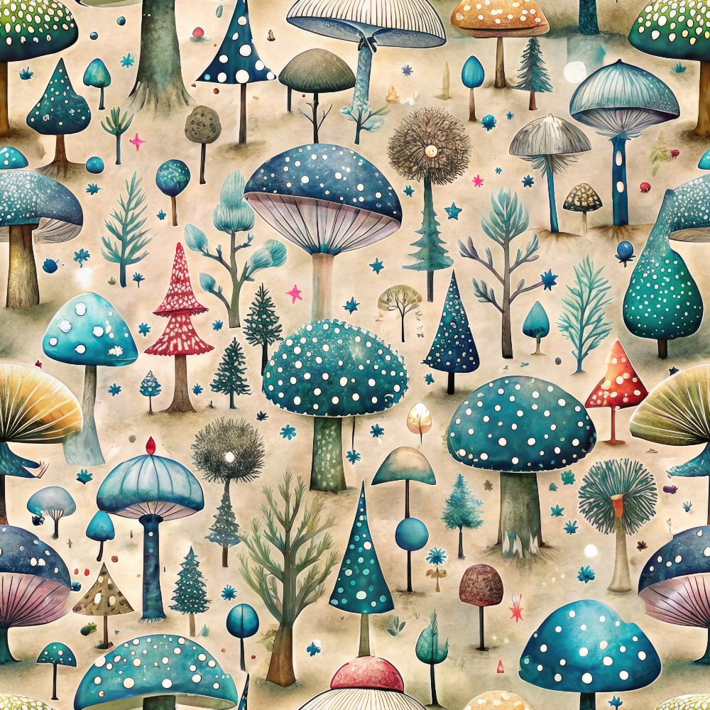 Illustrated forest with a variety of colorful, whimsical trees and mushrooms scattered across a textured background.