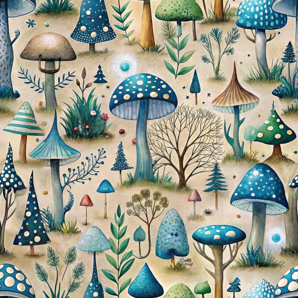 Illustration of various whimsical mushrooms and plants, featuring blue and green hues with diverse shapes and patterns, on a light background.