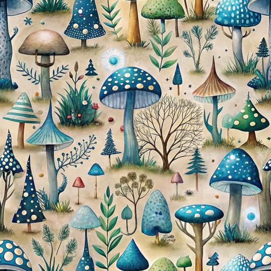 Illustration of various whimsical mushrooms and plants, featuring blue and green hues with diverse shapes and patterns, on a light background.