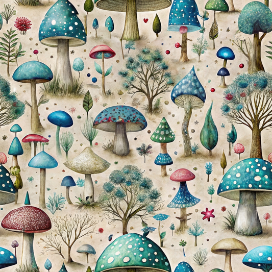 Illustrated pattern of various colorful mushrooms and trees on a beige background, featuring red, blue, and green hues, with small decorative elements like dots and stars.