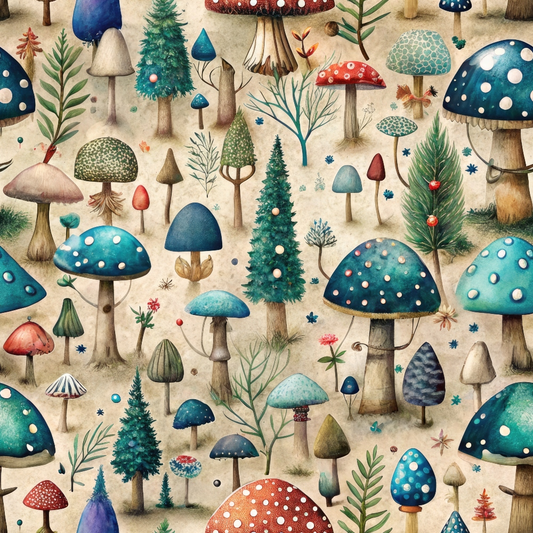 Illustration of various mushrooms and pine trees arranged randomly, featuring a variety of colors and patterns, including polka dots and textured surfaces, on a beige background.