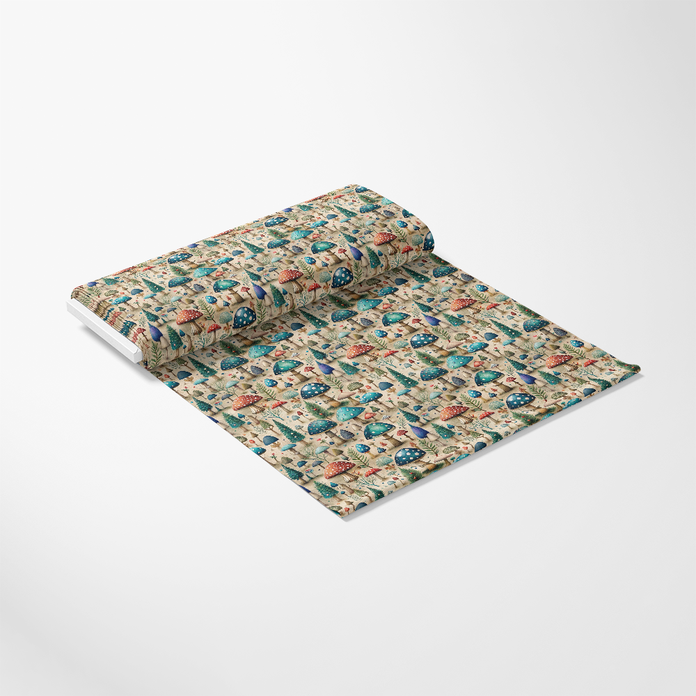 - Mushroom Fairyland Pattern 2 Quilting Cotton Fabric  
- Quilting  
- Cotton  
- Fabric  
- Beige background  
- Blue mushrooms  
- Red mushrooms  
- Orange mushrooms  
- Green foliage  
- Whimsical  
- Nature-inspired  
- Textile  
- Craft material  
- Soft  
- Colorful  
- Decorative