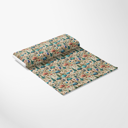 - Mushroom Fairyland Pattern 2 Quilting Cotton Fabric  
- Quilting  
- Cotton  
- Fabric  
- Beige background  
- Blue mushrooms  
- Red mushrooms  
- Orange mushrooms  
- Green foliage  
- Whimsical  
- Nature-inspired  
- Textile  
- Craft material  
- Soft  
- Colorful  
- Decorative