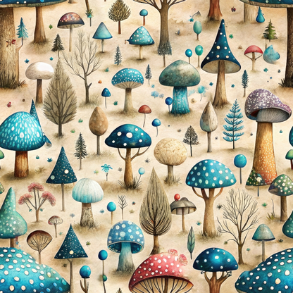 Whimsical illustration of various colorful mushrooms and trees scattered across a sandy background.