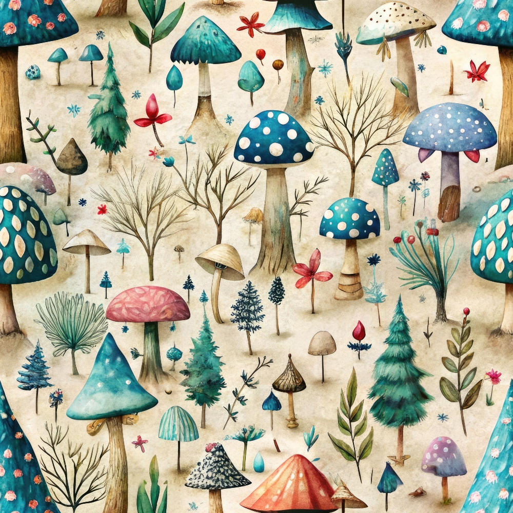 Illustration of various colorful mushrooms and trees scattered across a textured background with small insects and leaves.