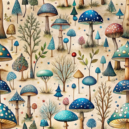 Illustrated forest scene with various blue and teal mushrooms, trees, and foliage on a light background. Stars and small plants are scattered throughout.