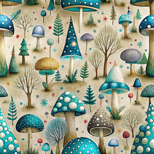 Illustration of varied blue and green mushrooms with trees and foliage on a light background, featuring diverse shapes and sizes.