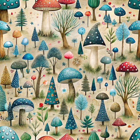 Illustrated scene with various colorful mushrooms and trees on a light background, featuring blues, reds, and greens, with some mushrooms polka-dotted.