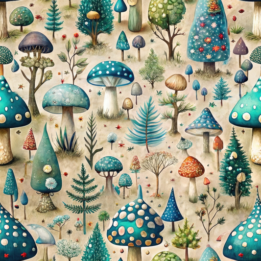 A variety of colorful, whimsical mushrooms and plants on a textured background.