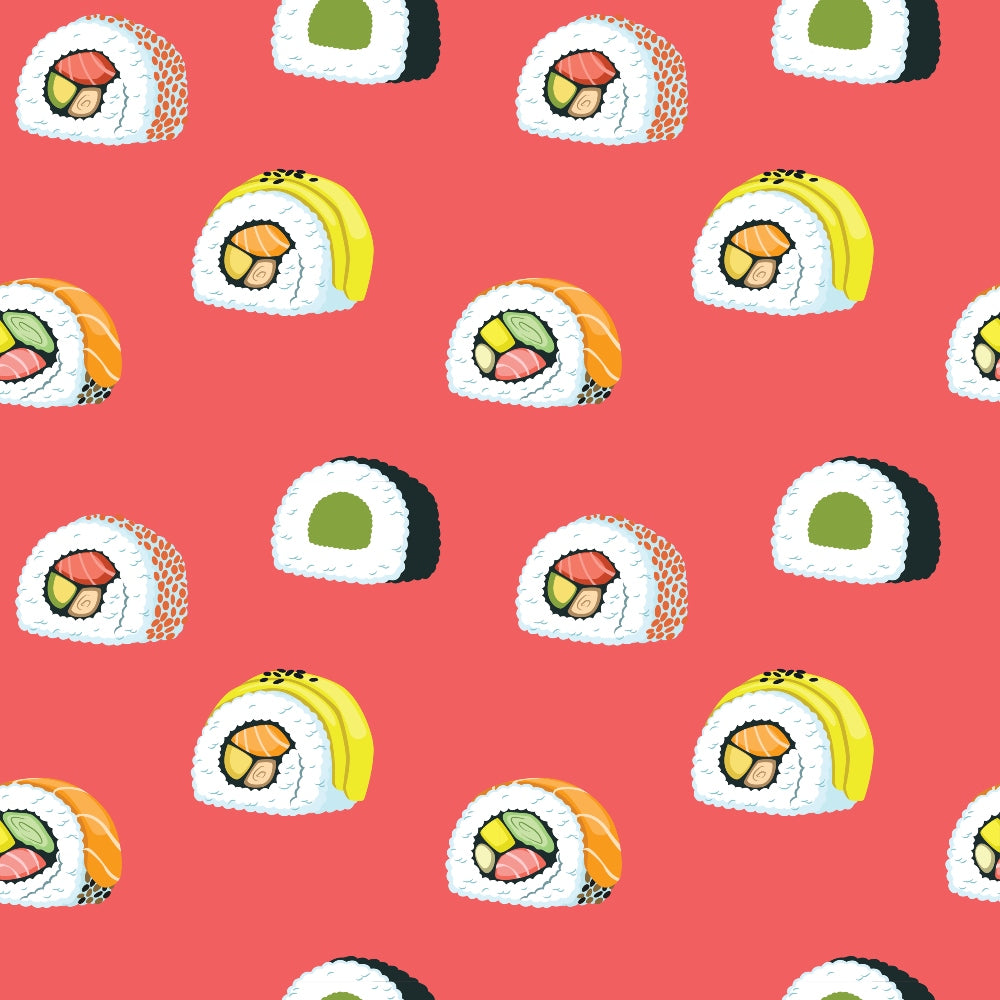 Pattern of various sushi rolls, including salmon, avocado, and yellow topping, on a red background.