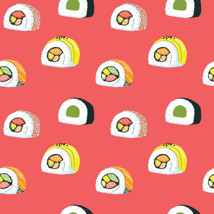 Pattern of various sushi rolls, including salmon, avocado, and yellow topping, on a red background.