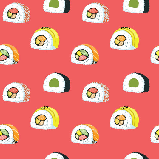 Pattern of various sushi rolls, including salmon, avocado, and yellow topping, on a red background.