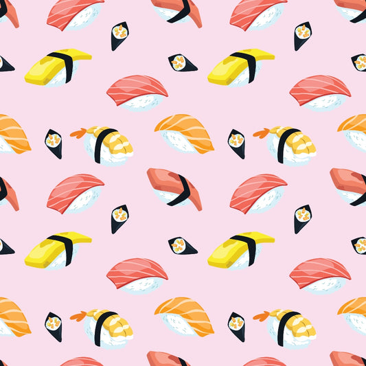 Pattern of assorted sushi pieces, including nigiri and rolls, on a light pink background.