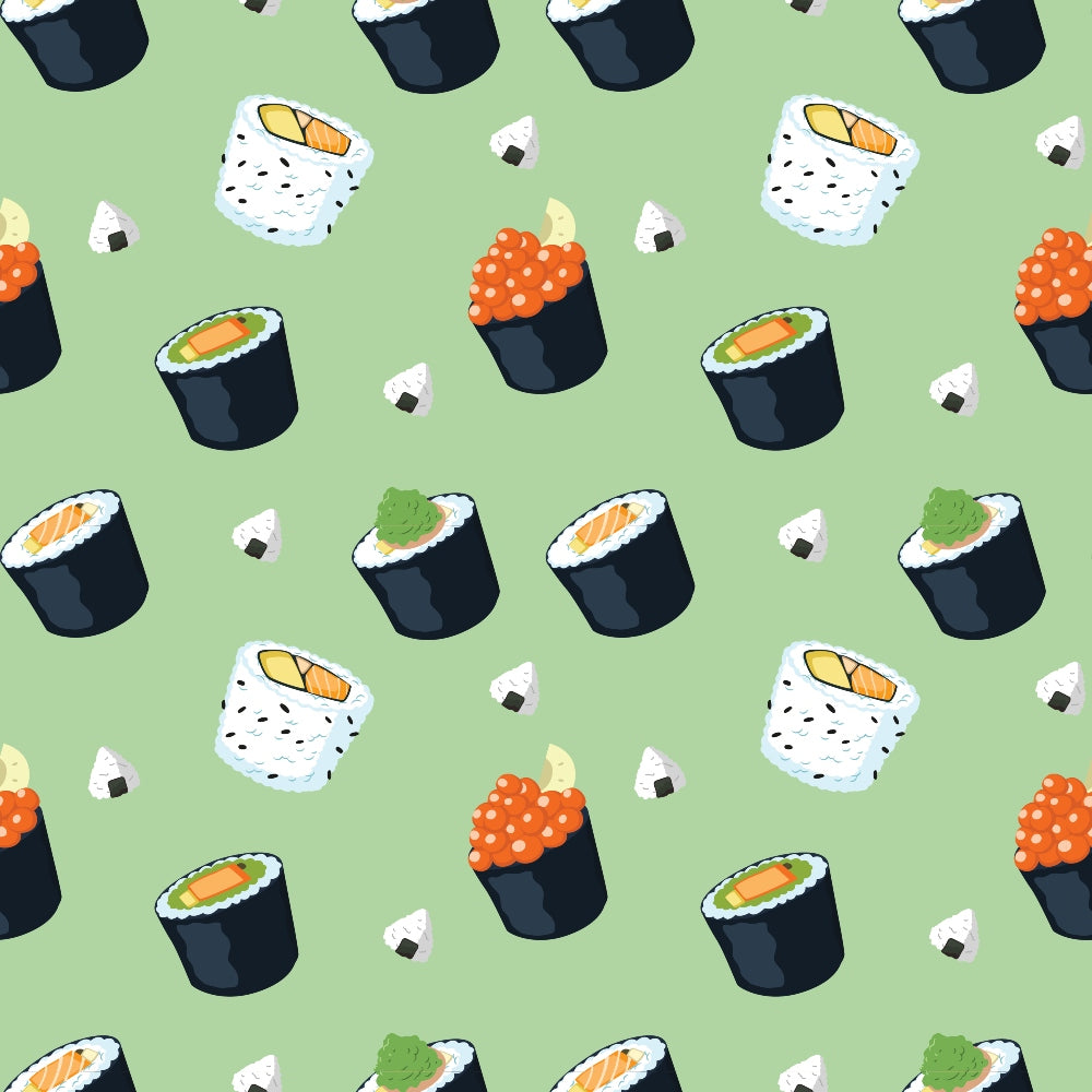 Pattern of various sushi types including rolls and nigiri with green background.