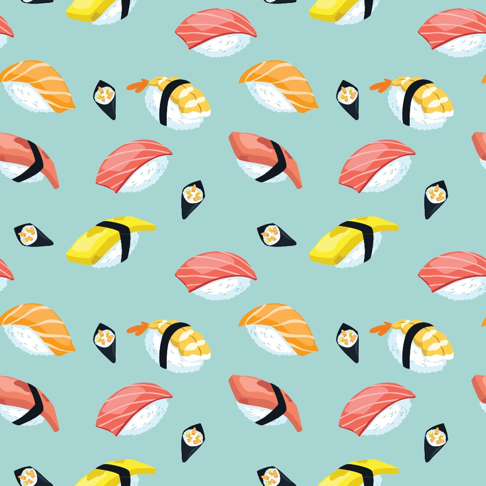 Seamless pattern of assorted sushi pieces, including nigiri and maki, on a light green background.