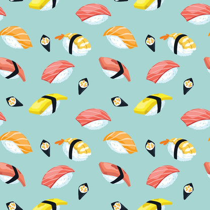 Seamless pattern of assorted sushi pieces, including nigiri and maki, on a light green background.