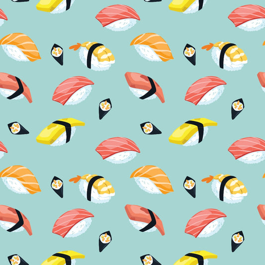 Seamless pattern of assorted sushi pieces, including nigiri and maki, on a light green background.