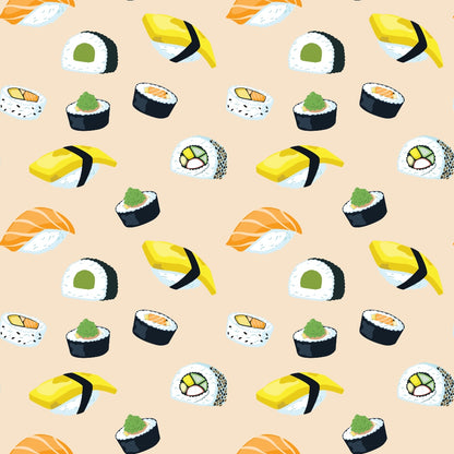 Pattern of various sushi pieces on a beige background.