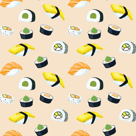 Pattern of various sushi pieces on a beige background.