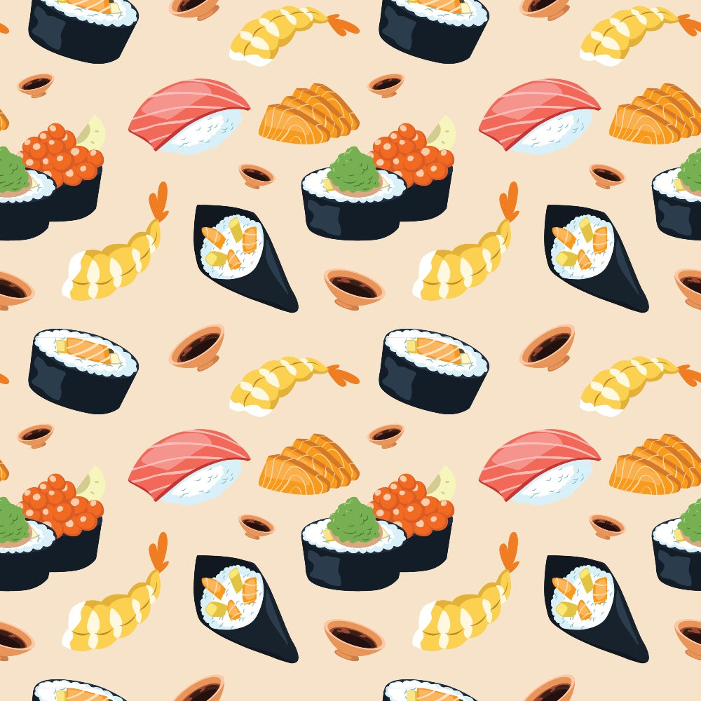 Pattern of various sushi types, including nigiri, maki, temaki, with wasabi and soy sauce dots on a beige background.