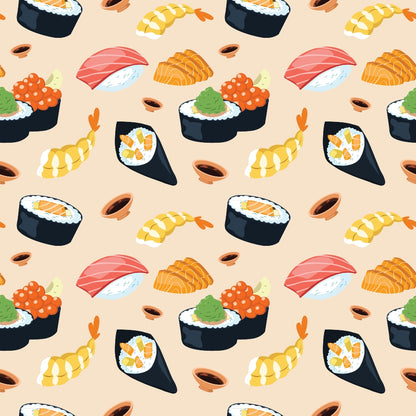 Pattern of various sushi types, including nigiri, maki, temaki, with wasabi and soy sauce dots on a beige background.