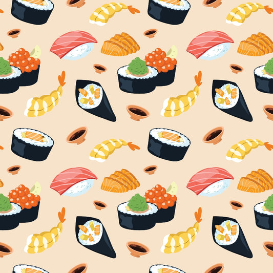 Pattern of various sushi types, including nigiri, maki, temaki, with wasabi and soy sauce dots on a beige background.