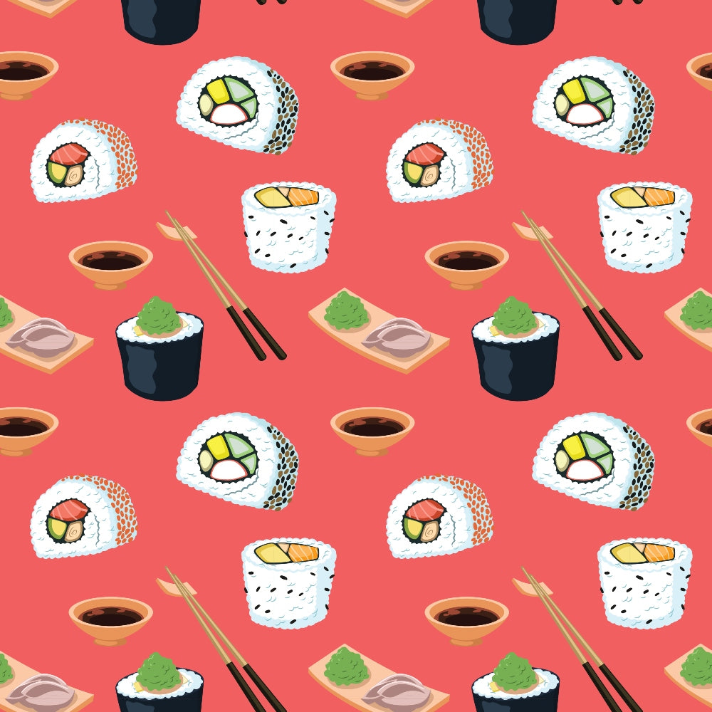 Pattern of sushi rolls, soy sauce bowls, wasabi, and chopsticks on a red background.