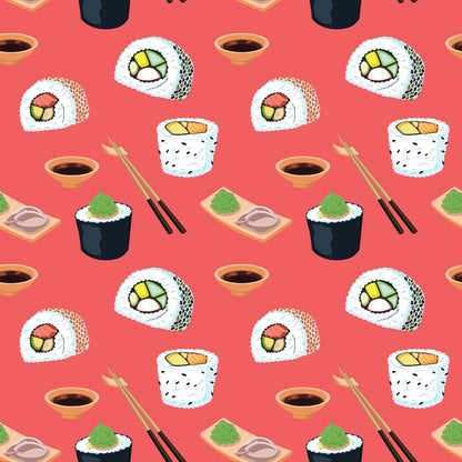 Pattern of sushi rolls, soy sauce bowls, wasabi, and chopsticks on a red background.