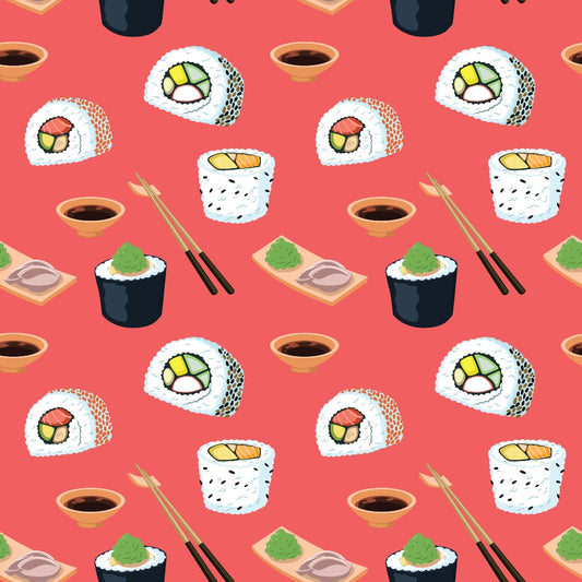 Pattern of sushi rolls, soy sauce bowls, wasabi, and chopsticks on a red background.