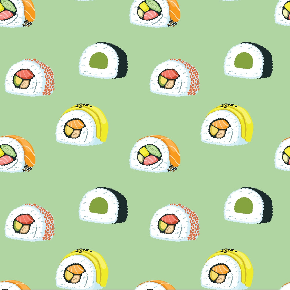 Pattern of various sushi rolls on a light green background, featuring different fillings like avocado, salmon, and cucumber.