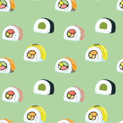 Pattern of various sushi rolls on a light green background, featuring different fillings like avocado, salmon, and cucumber.