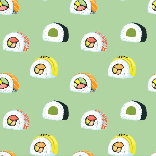 Pattern of various sushi rolls on a light green background, featuring different fillings like avocado, salmon, and cucumber.