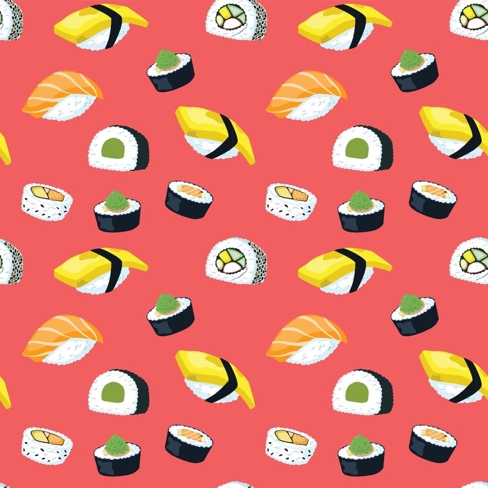 A pattern of various sushi types, including nigiri and rolls, on a coral pink background.