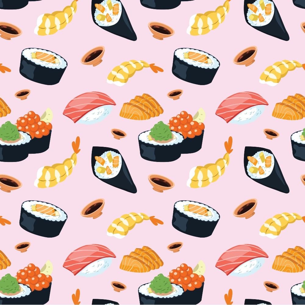 Illustrated pattern of various sushi types including rolls, nigiri, and sashimi on a light pink background.